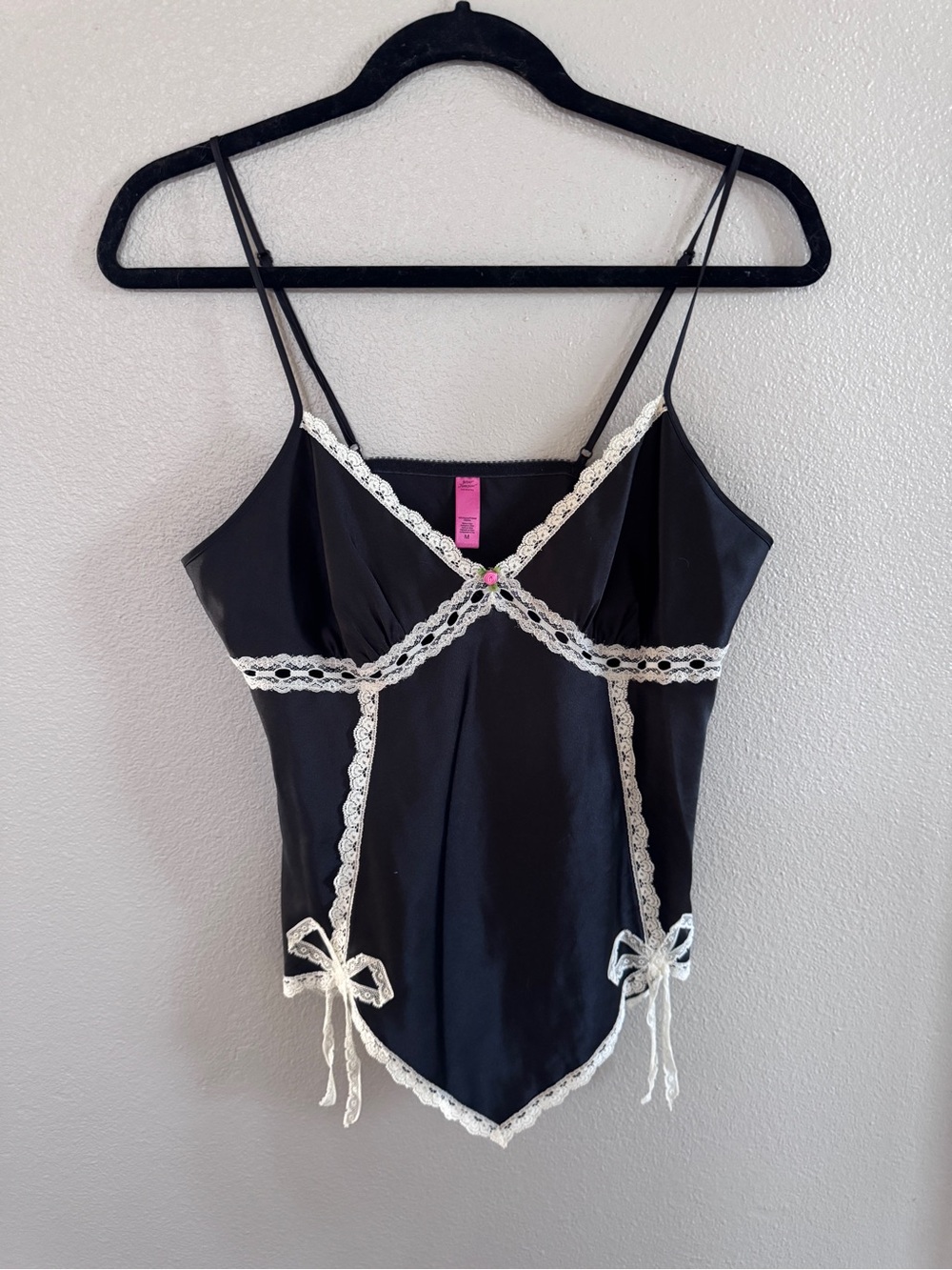 Vintage Betsey Johnson Black Cami with Cream Lace Trim